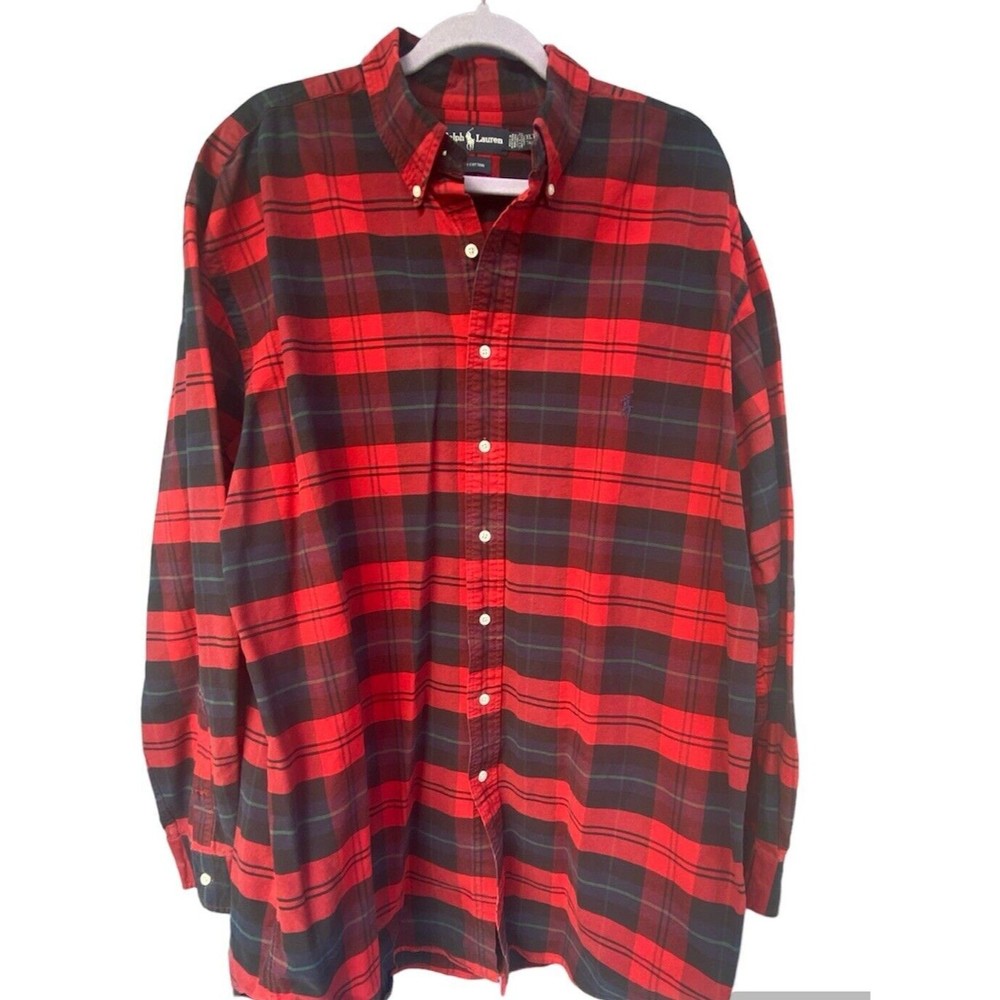 POLO RALPH LAUREN Button Down Mens XLarge Tall Long Sleev Oxford Shirt Red Plaid